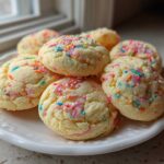 A stack of soft, round cake batter cookies topped with colorful sprinkles resting on a white plate.