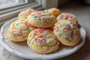A stack of soft, round cake batter cookies topped with colorful sprinkles resting on a white plate.