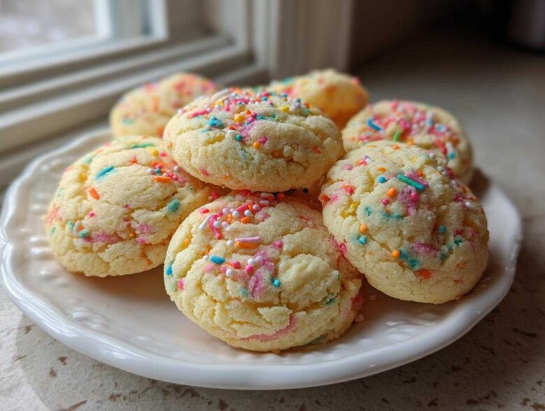 A stack of soft, round cake batter cookies topped with colorful sprinkles resting on a white plate.