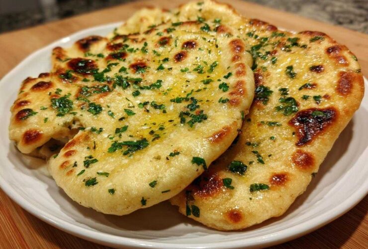 Close-up of three pieces of soft, golden naan bread brushed with melted butter and sprinkled with fresh parsley.