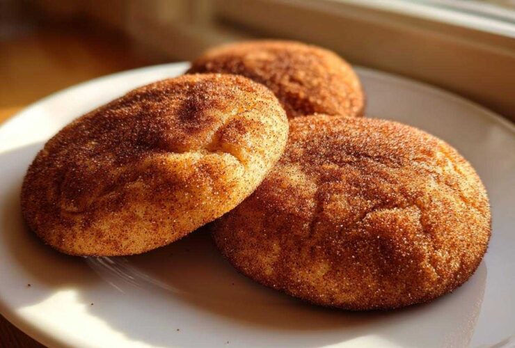 Close-up of three soft snickerdoodle cookies heavily coated in cinnamon sugar, resting on a white plate near a window.