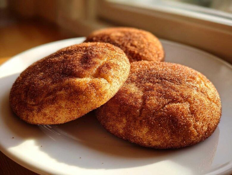 Close-up of three soft snickerdoodle cookies heavily coated in cinnamon sugar, resting on a white plate near a window.