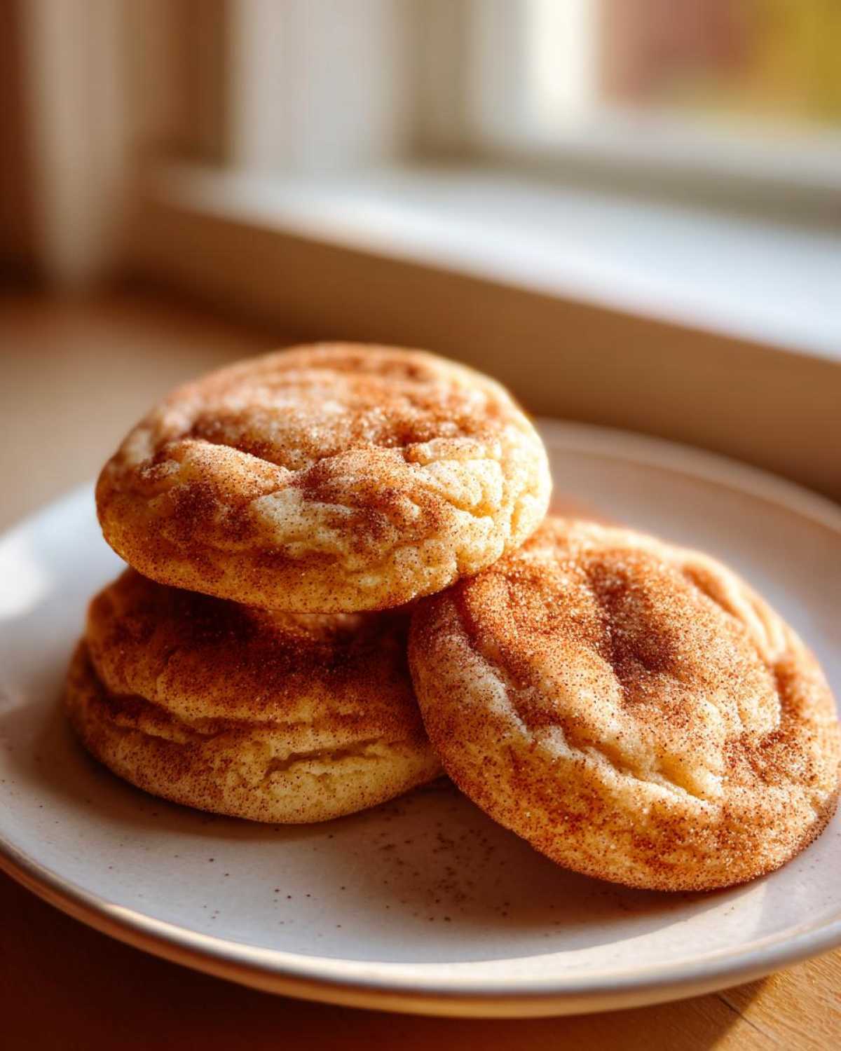 Three soft, freshly baked snickerdoodle cookies generously coated in cinnamon sugar, stacked on a light plate.