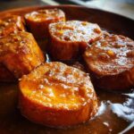 Close-up of rich, thick glazed Southern candied yams soaking in sweet syrup.