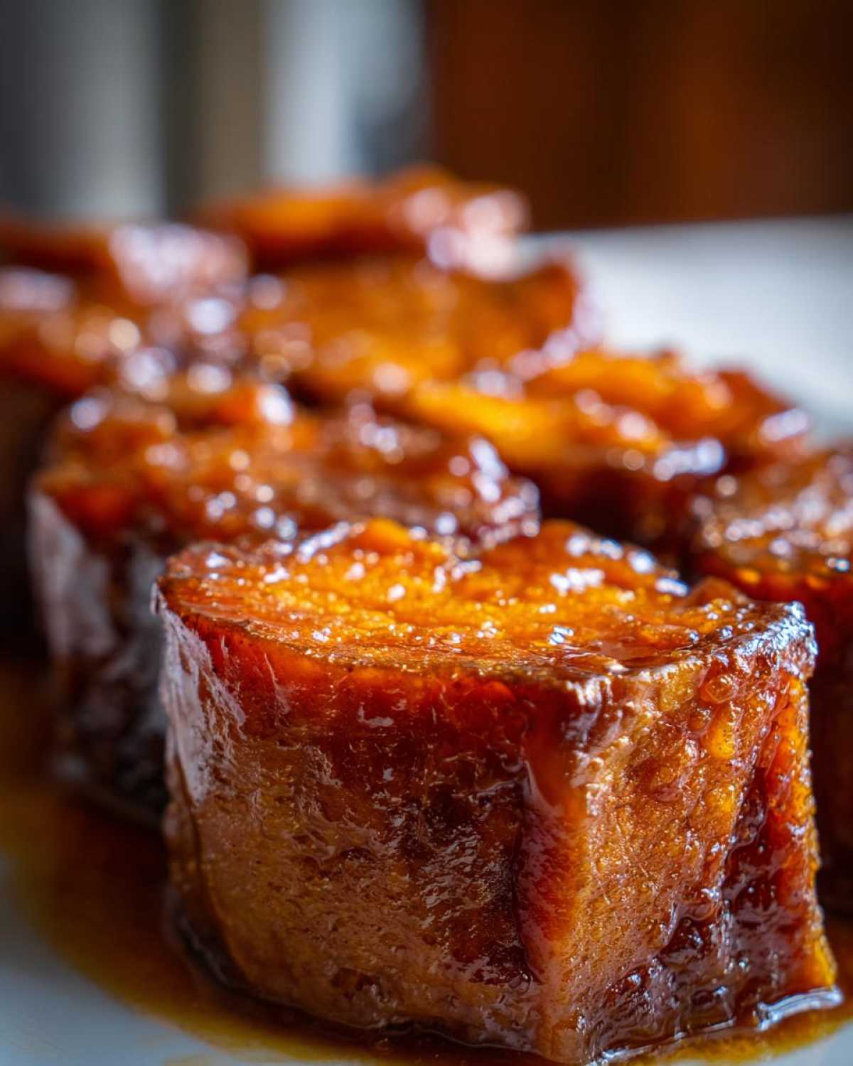 Close-up of thick, glossy slices of Southern candied yams coated in a rich, dark brown syrup.