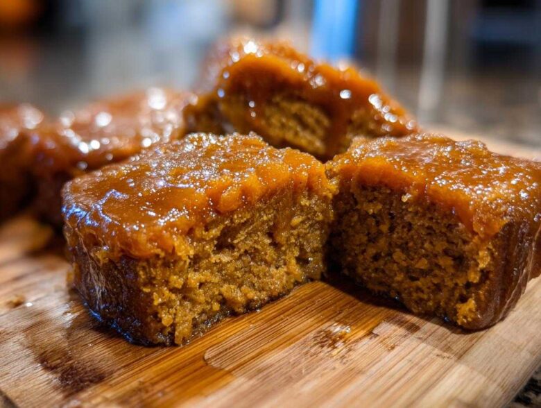 Close-up of rich, glazed squares of Southern candied yams resting on a wooden cutting board.