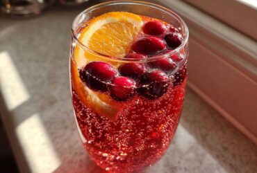 Close-up of a fizzy, red non-alcoholic christmas punch garnished with fresh cranberries and an orange slice.