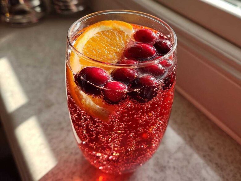 Close-up of a fizzy, red non-alcoholic christmas punch garnished with fresh cranberries and an orange slice.
