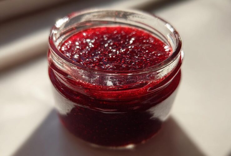 Close-up of a small glass jar filled with bright, glistening homemade raspberry jam, catching the sunlight.