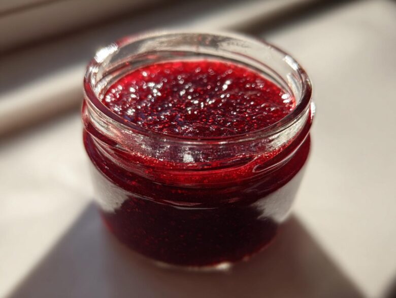 Close-up of a small glass jar filled with bright, glistening homemade raspberry jam, catching the sunlight.