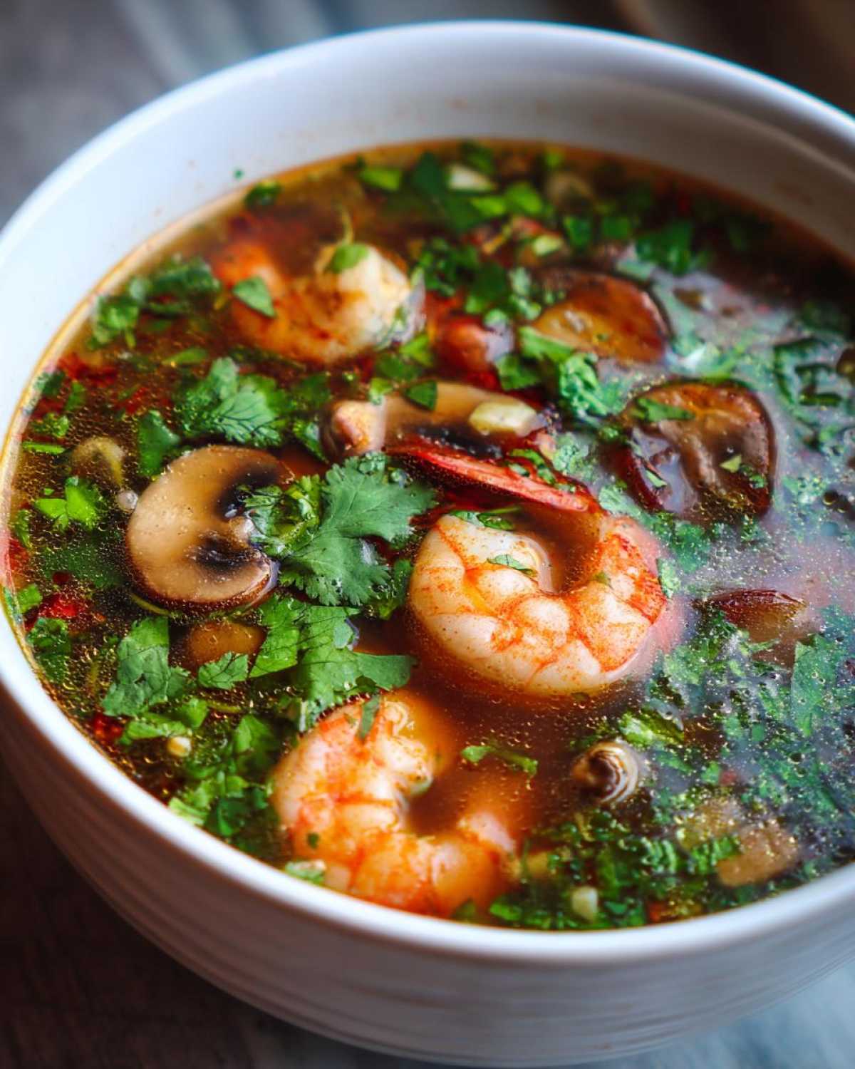 A close-up view of a white bowl filled with vibrant, spicy tom yum soup featuring plump shrimp and sliced mushrooms.