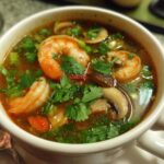 A close-up view of a steaming bowl of vibrant tom yum soup featuring large shrimp, sliced mushrooms, and fresh cilantro.