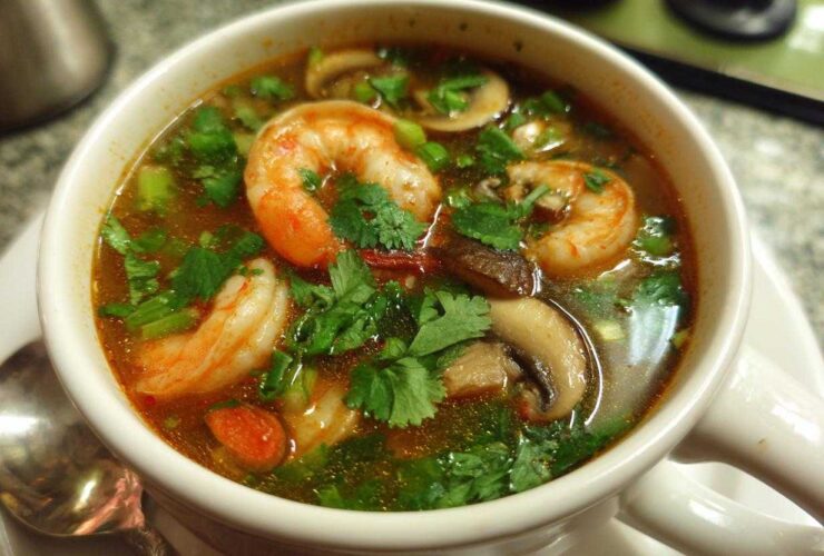 A close-up view of a steaming bowl of vibrant tom yum soup featuring large shrimp, sliced mushrooms, and fresh cilantro.