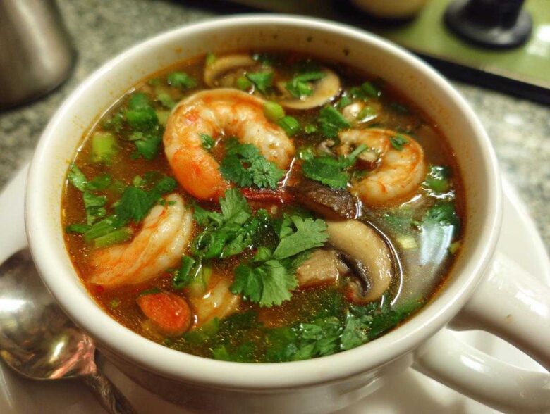 A close-up view of a steaming bowl of vibrant tom yum soup featuring large shrimp, sliced mushrooms, and fresh cilantro.