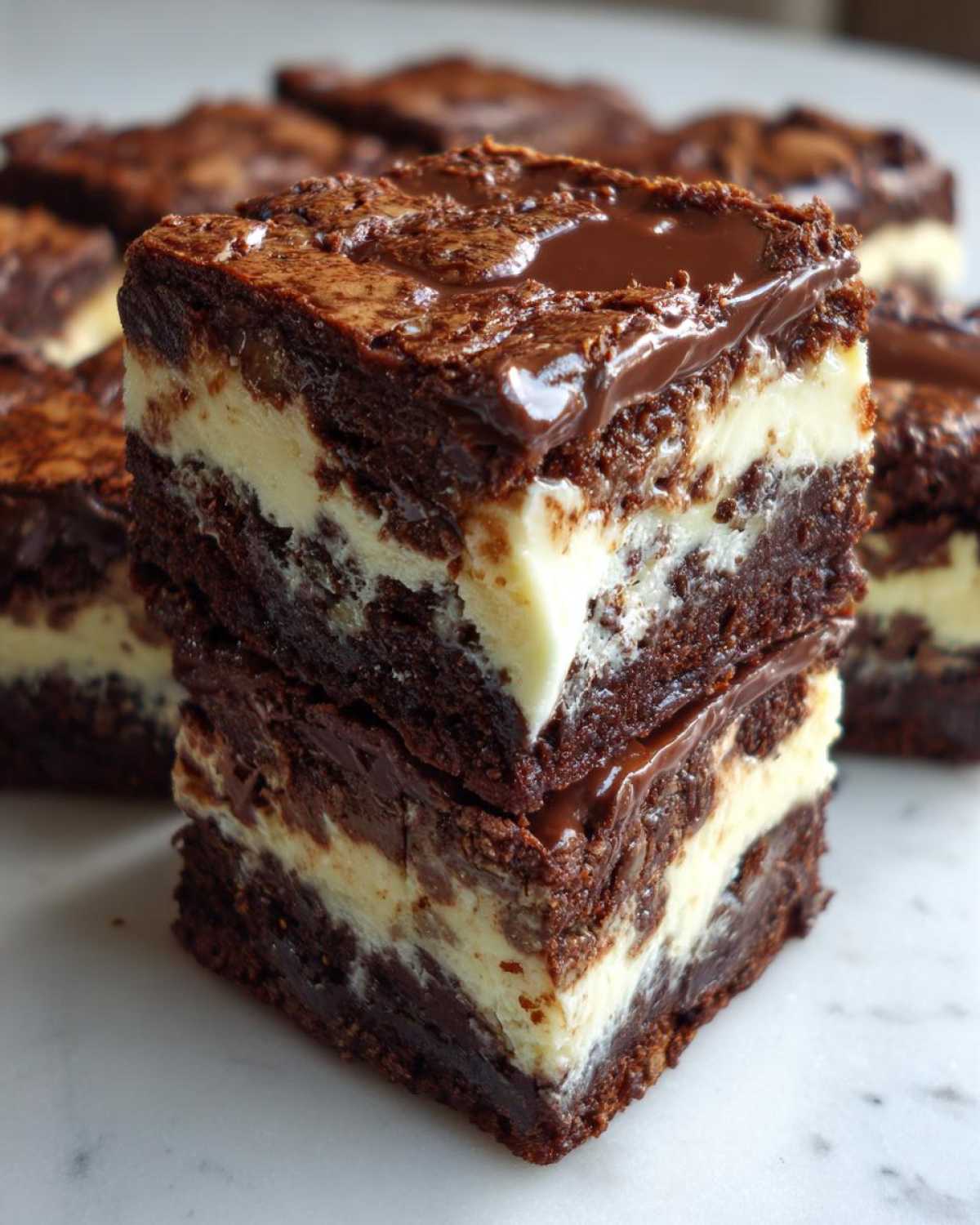 Two stacked squares of rich brownie refrigerator cake showing alternating dark chocolate and creamy white cheesecake layers.