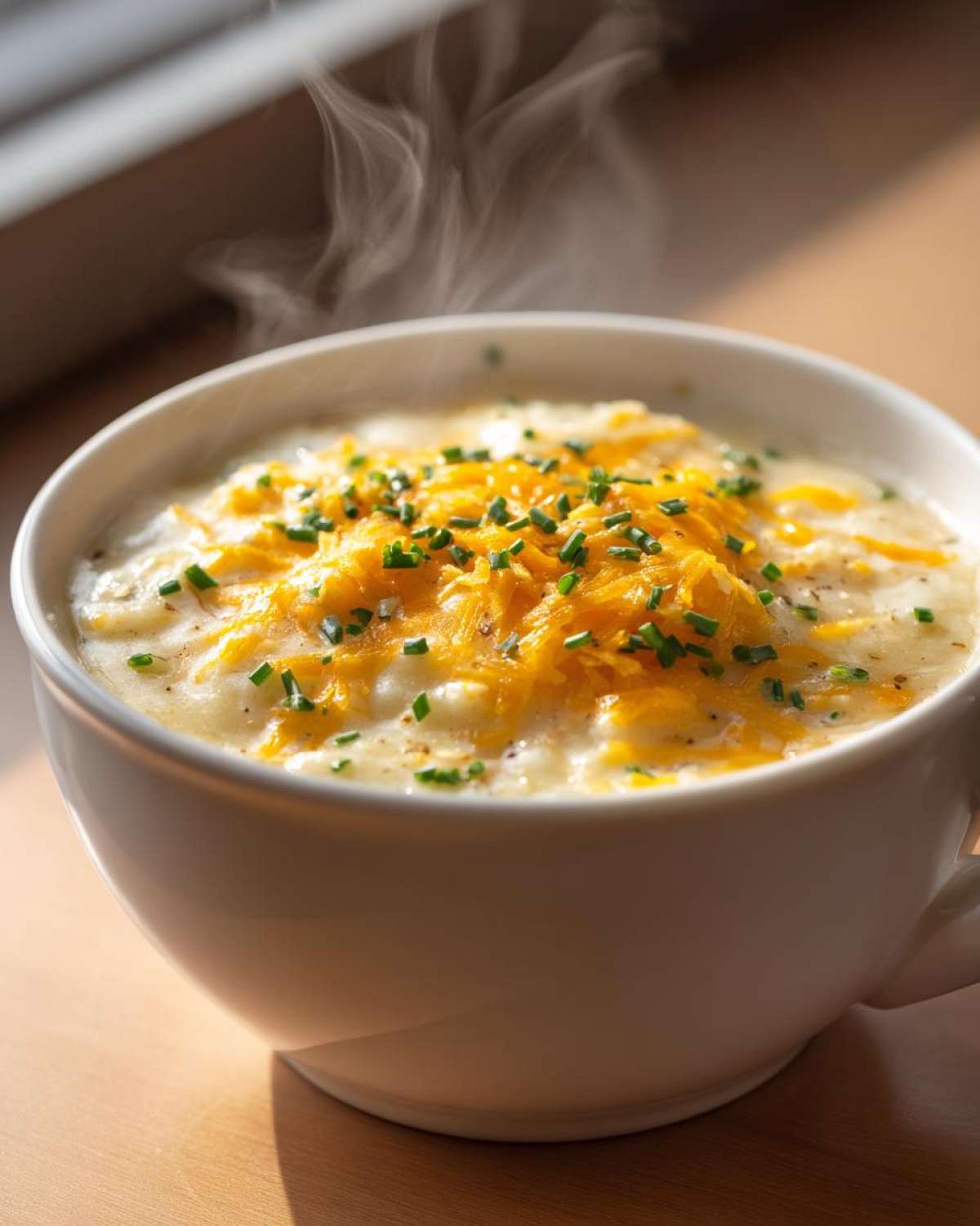 A steaming white bowl filled with creamy easy crockpot potato soup, topped with melted cheddar cheese and fresh chives.