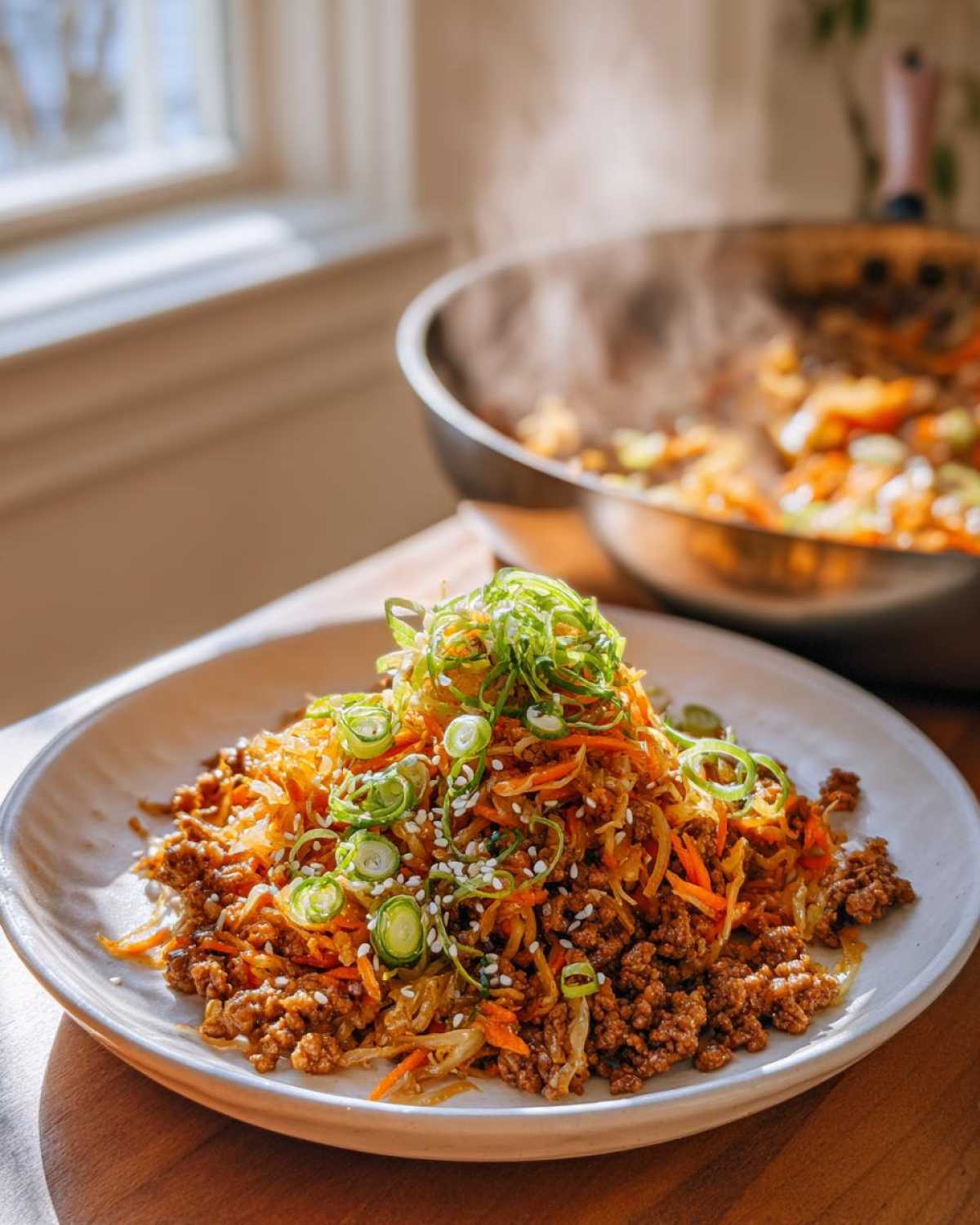 A serving of hot egg roll in a bowl topped with green onions and sesame seeds, with a steaming skillet in the background.