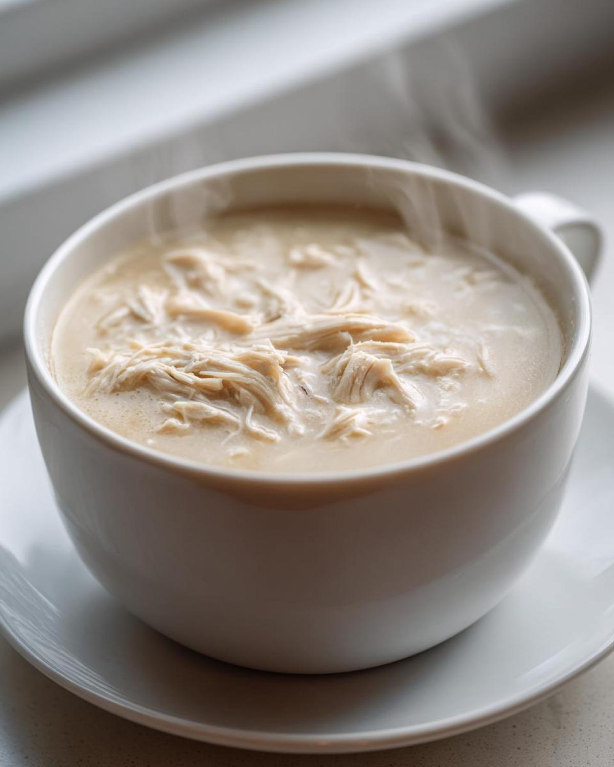 Close-up of a white mug filled with hot homemade cream of chicken soup, featuring visible shredded chicken.