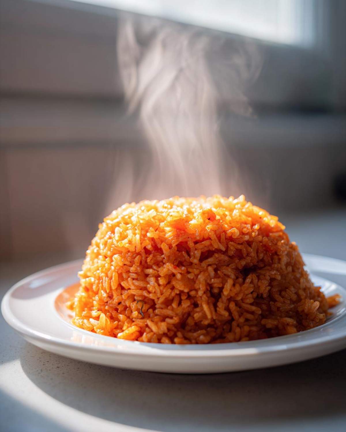 A perfectly molded mound of steaming hot, orange-colored spanish rice served on a white plate.