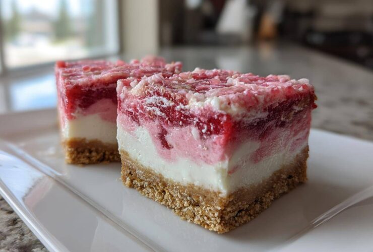 Two delicious squares of strawberry crunch cheesecake bars showing graham cracker crust, creamy filling, and strawberry topping.