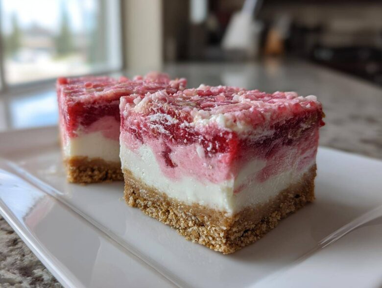 Two delicious squares of strawberry crunch cheesecake bars showing graham cracker crust, creamy filling, and strawberry topping.
