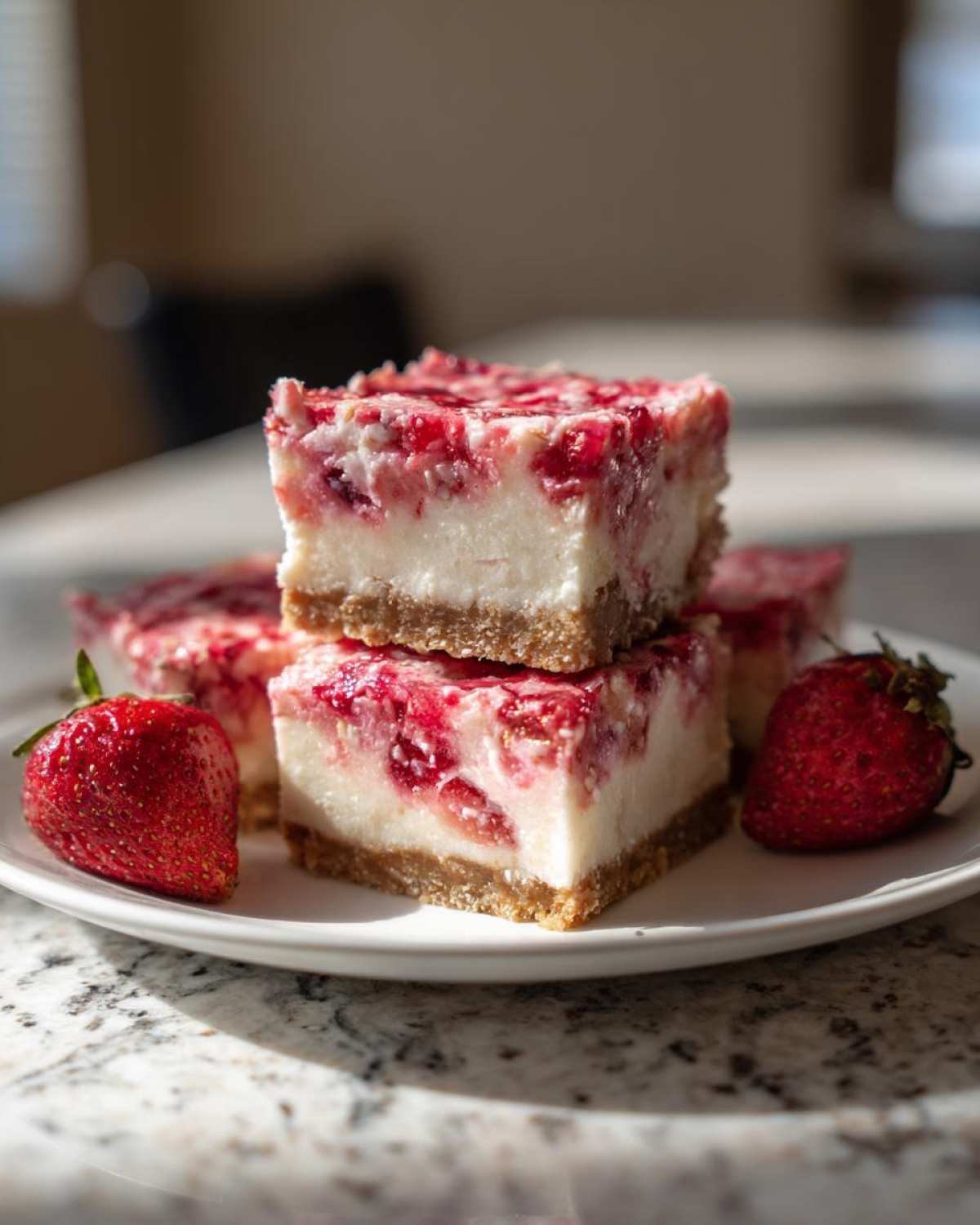 Two stacked squares of strawberry crunch cheesecake bars on a white plate next to two fresh strawberries.