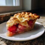 A close-up of a juicy slice of strawberry rhubarb pie with a flaky golden crust, served on a white plate.