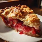 Close-up of a slice of strawberry rhubarb pie showing juicy filling and golden, flaky crust.