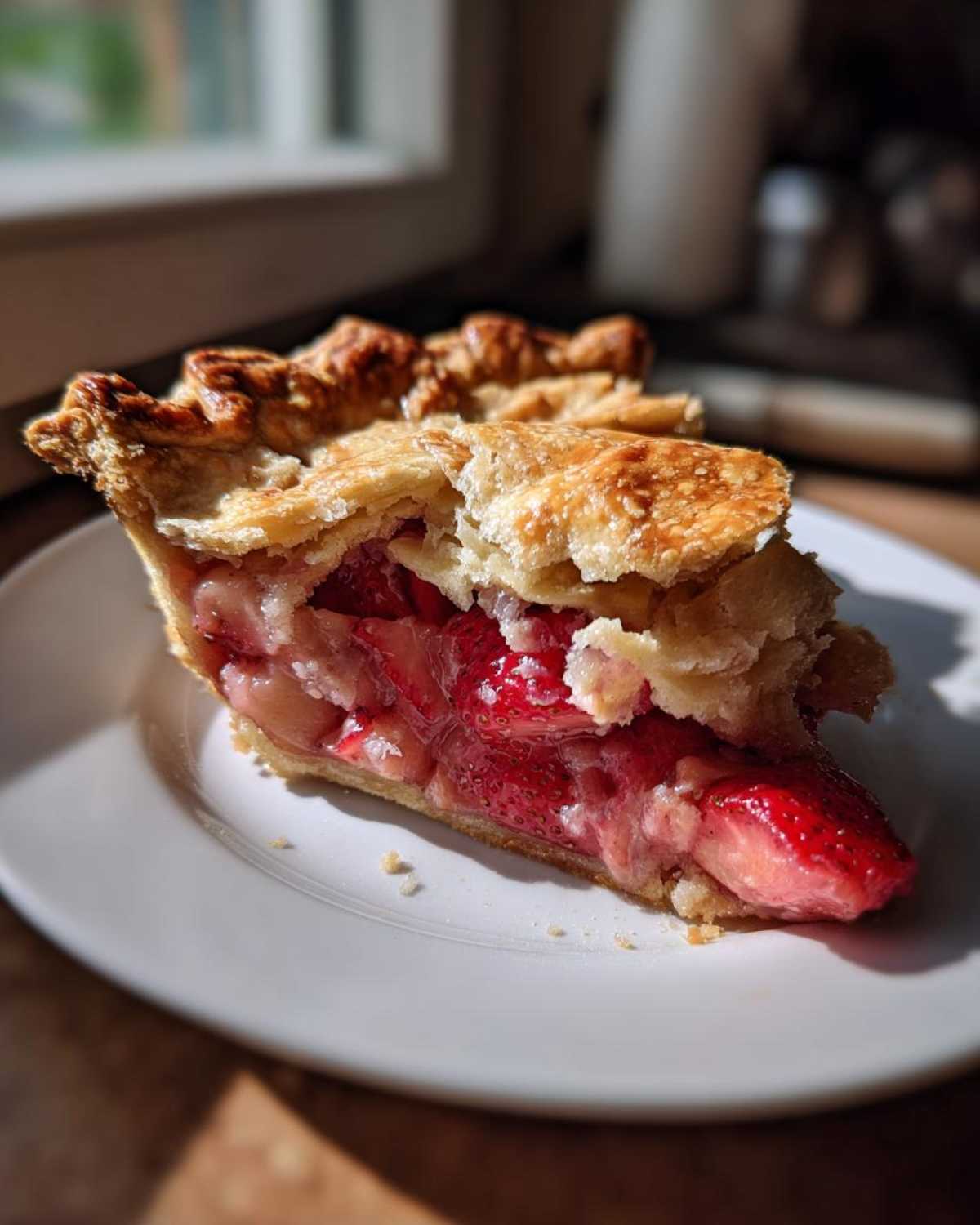 Close-up of a juicy slice of strawberry rhubarb pie showing bright red filling and golden, flaky crust.
