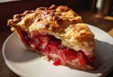 Close-up of a slice of strawberry rhubarb pie showing juicy filling and golden, flaky crust.