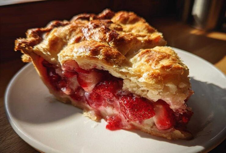 Close-up of a slice of strawberry rhubarb pie showing juicy filling and golden, flaky crust.