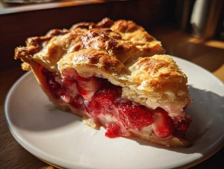 Close-up of a slice of strawberry rhubarb pie showing juicy filling and golden, flaky crust.