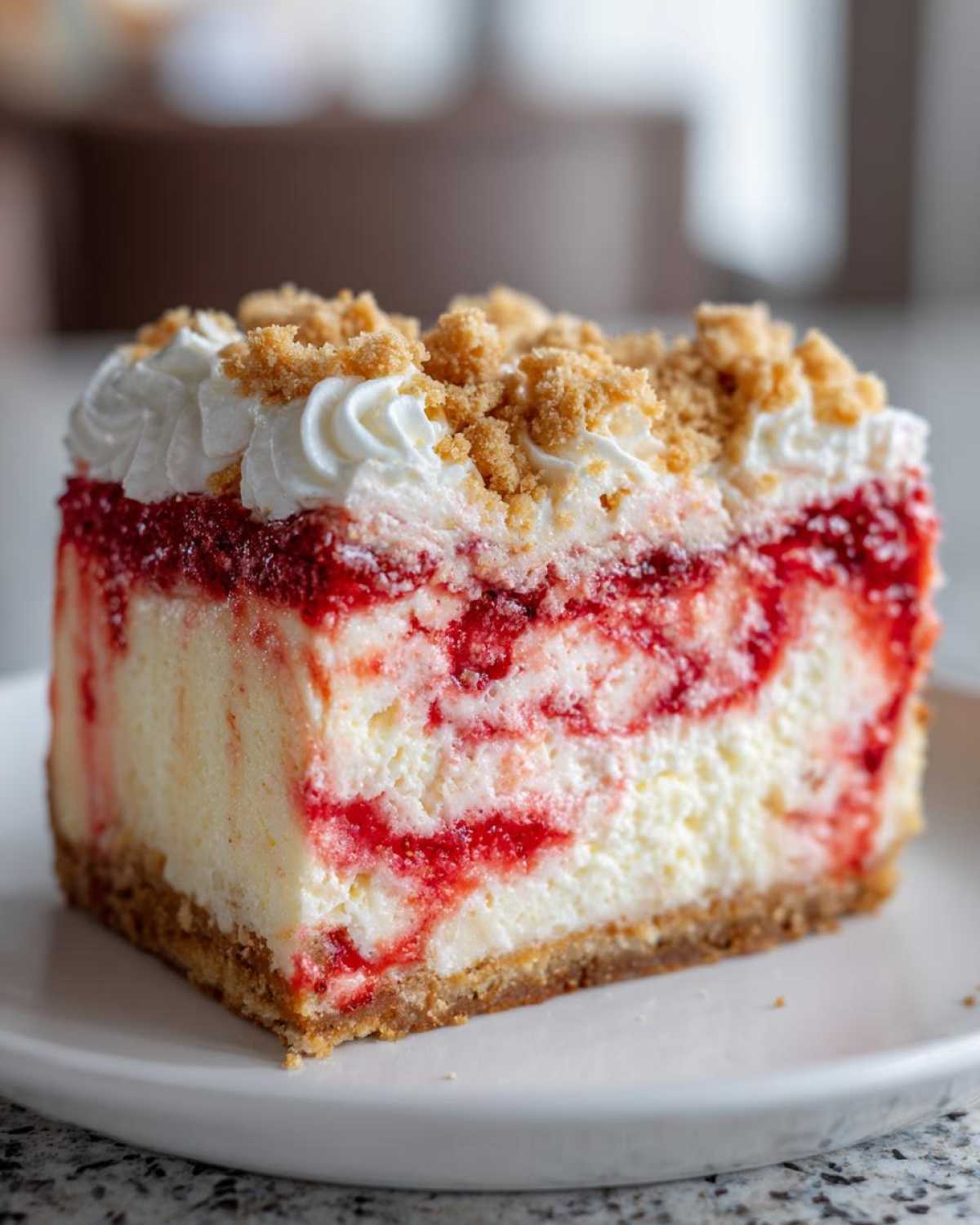 Close-up of a rich slice of strawberry shortcake cheesecake featuring a graham cracker crust, swirled strawberry filling, whipped cream, and crumble topping.
