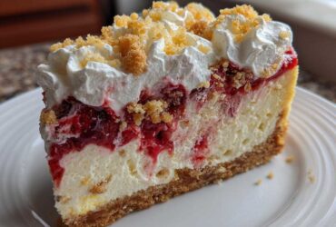 A decadent slice of strawberry shortcake cheesecake featuring a graham cracker crust, creamy filling, strawberry layer, whipped cream, and crumble topping.