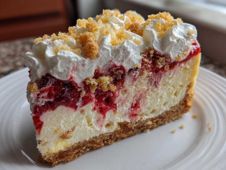 A decadent slice of strawberry shortcake cheesecake featuring a graham cracker crust, creamy filling, strawberry layer, whipped cream, and crumble topping.