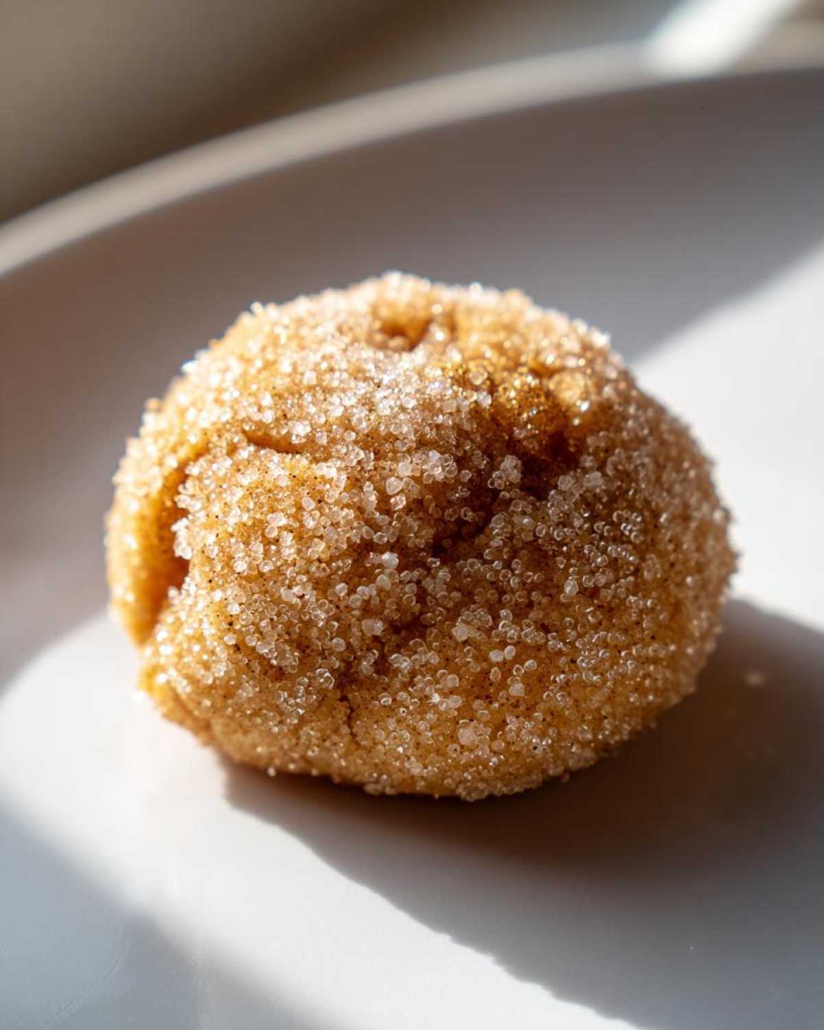 A single, round apple pie cookie heavily coated in sparkling cinnamon sugar, resting on a white plate.