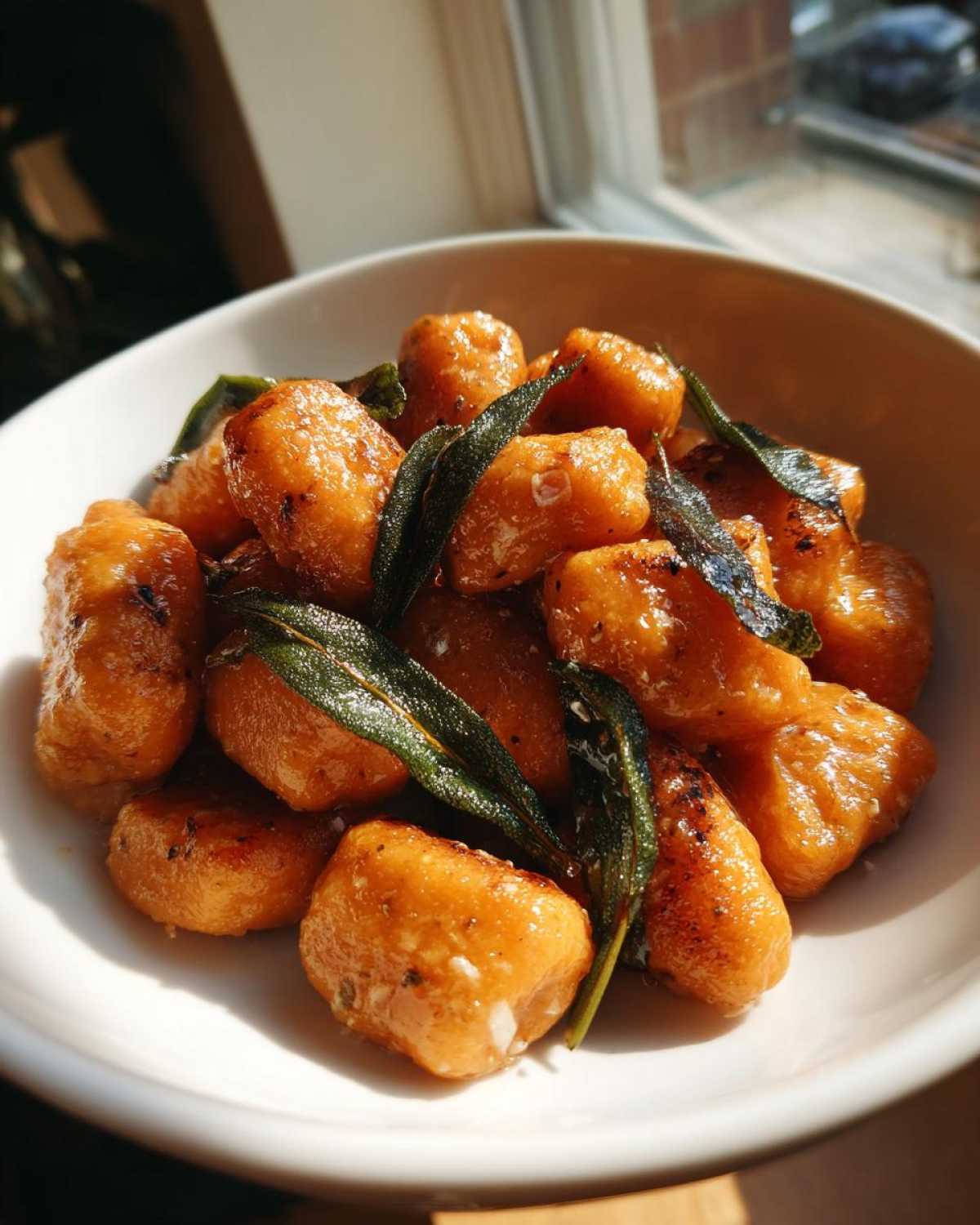 Close-up of pan-seared sweet potato gnocchi tossed in butter sauce and topped with crispy sage leaves.