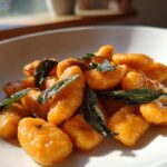 A close-up shot of golden orange sweet potato gnocchi tossed in butter and topped with crispy fried sage leaves.