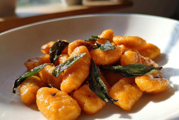 A close-up shot of golden orange sweet potato gnocchi tossed in butter and topped with crispy fried sage leaves.