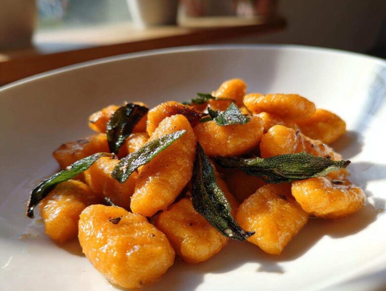 A close-up shot of golden orange sweet potato gnocchi tossed in butter and topped with crispy fried sage leaves.