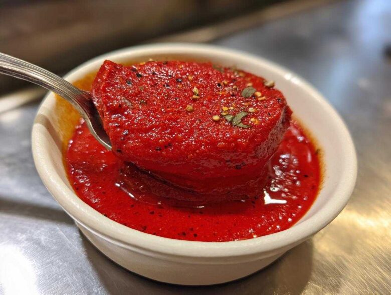 Close-up of thick, vibrant red pizza sauce being scooped with a spoon from a small white bowl.