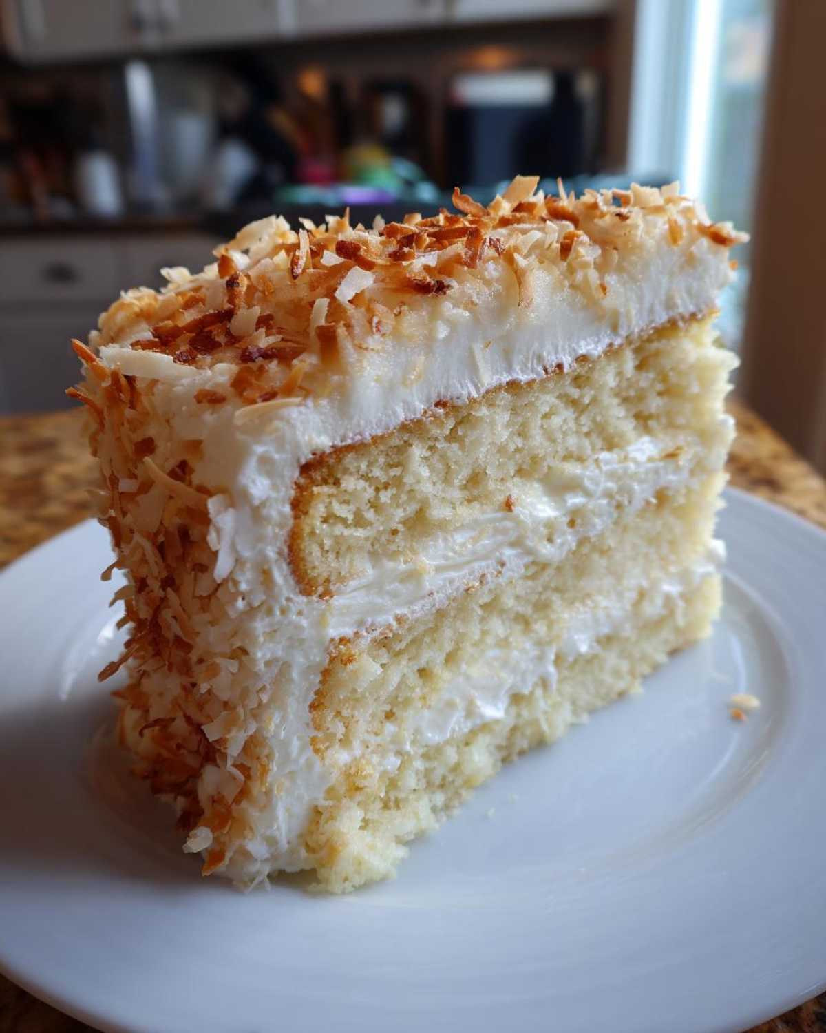 A tall slice of three-layer coconut cake with white frosting and toasted coconut flakes.