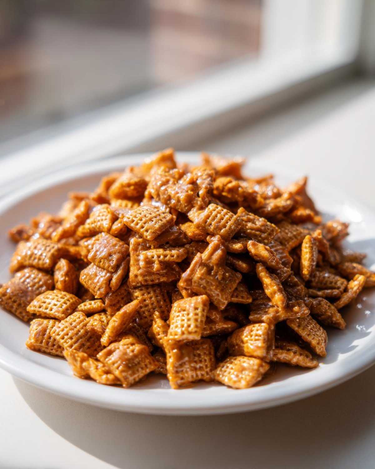 A pile of square, grid-patterned cereal coated in glossy toffee, ready to eat from a white plate, showcasing the toffee chex mix recipe.
