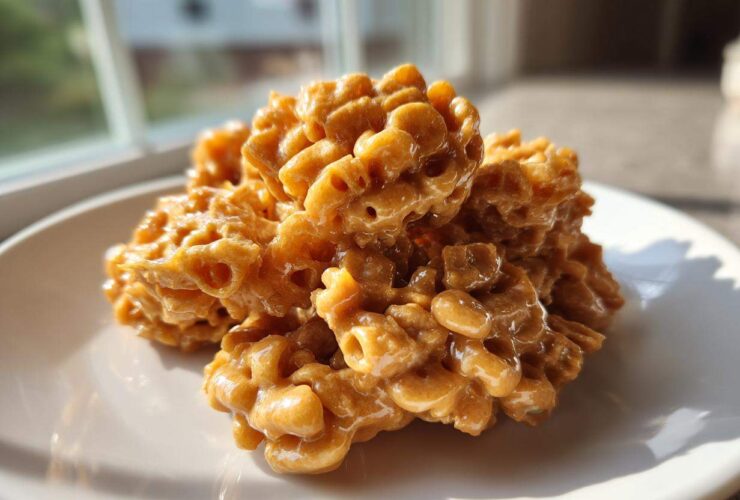 Mounds of sticky, golden-brown toffee chex mix recipe clusters piled on a white plate.
