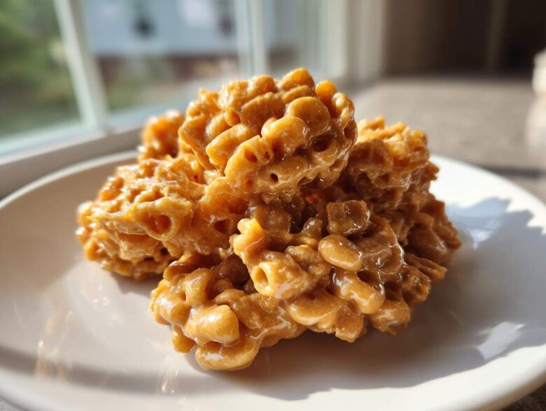 Mounds of sticky, golden-brown toffee chex mix recipe clusters piled on a white plate.