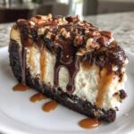 A decadent slice of turtle cheesecake featuring a dark crust, creamy filling, chocolate drizzle, caramel, and pecans.