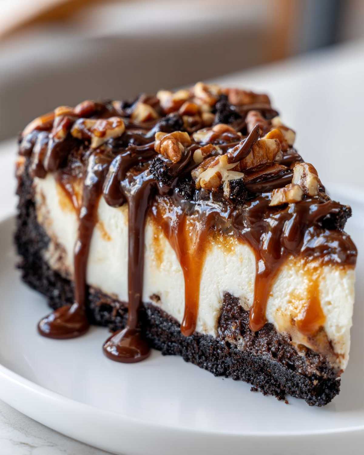 A close-up of a rich slice of turtle cheesecake featuring a dark crust, creamy filling, dripping caramel and chocolate sauce, and chopped pecans.