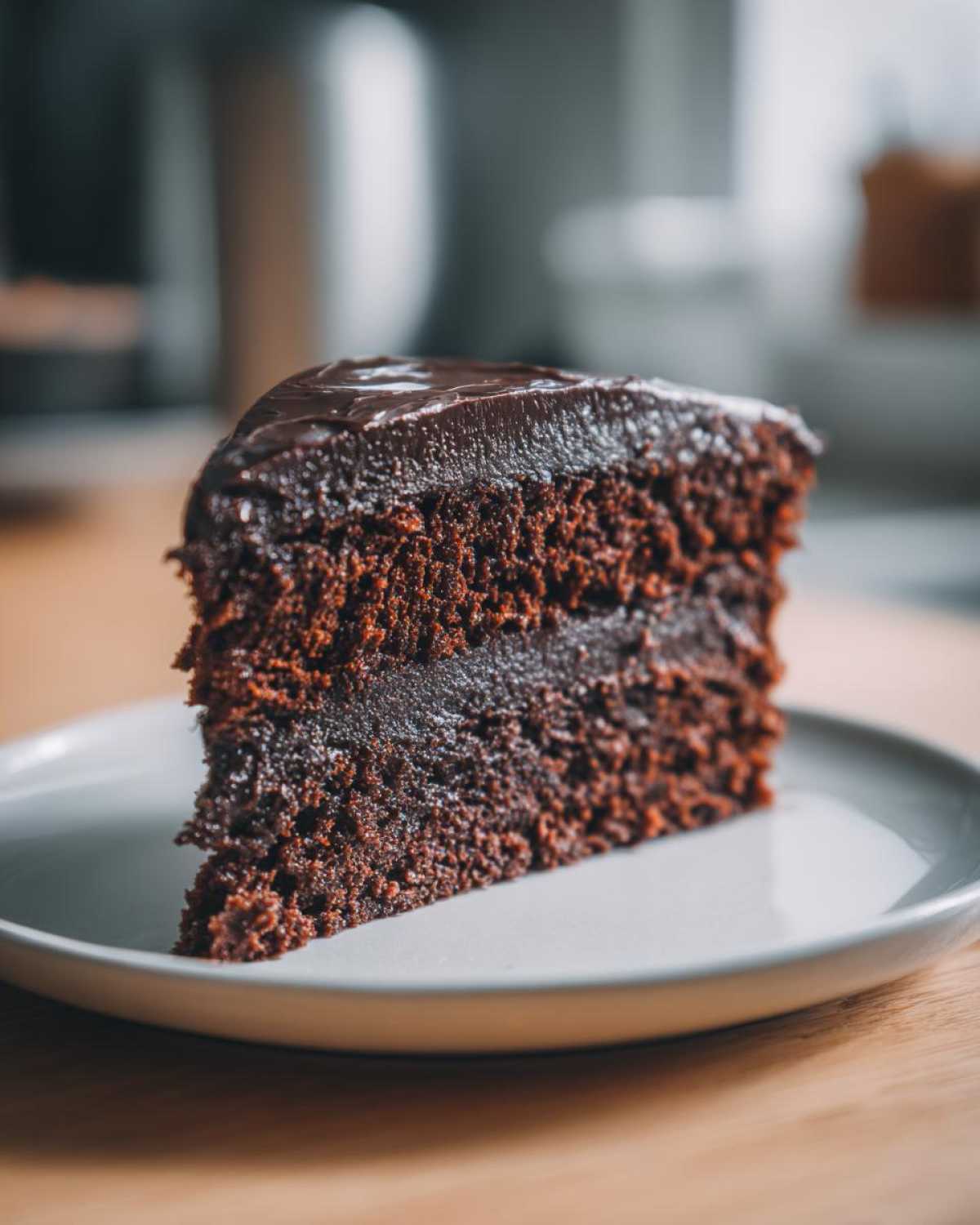 A decadent slice of ultra moist chocolate cake featuring two layers and rich chocolate frosting.