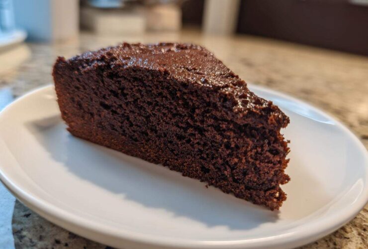 Close-up of a dense, dark slice of moist chocolate cake resting on a white plate.