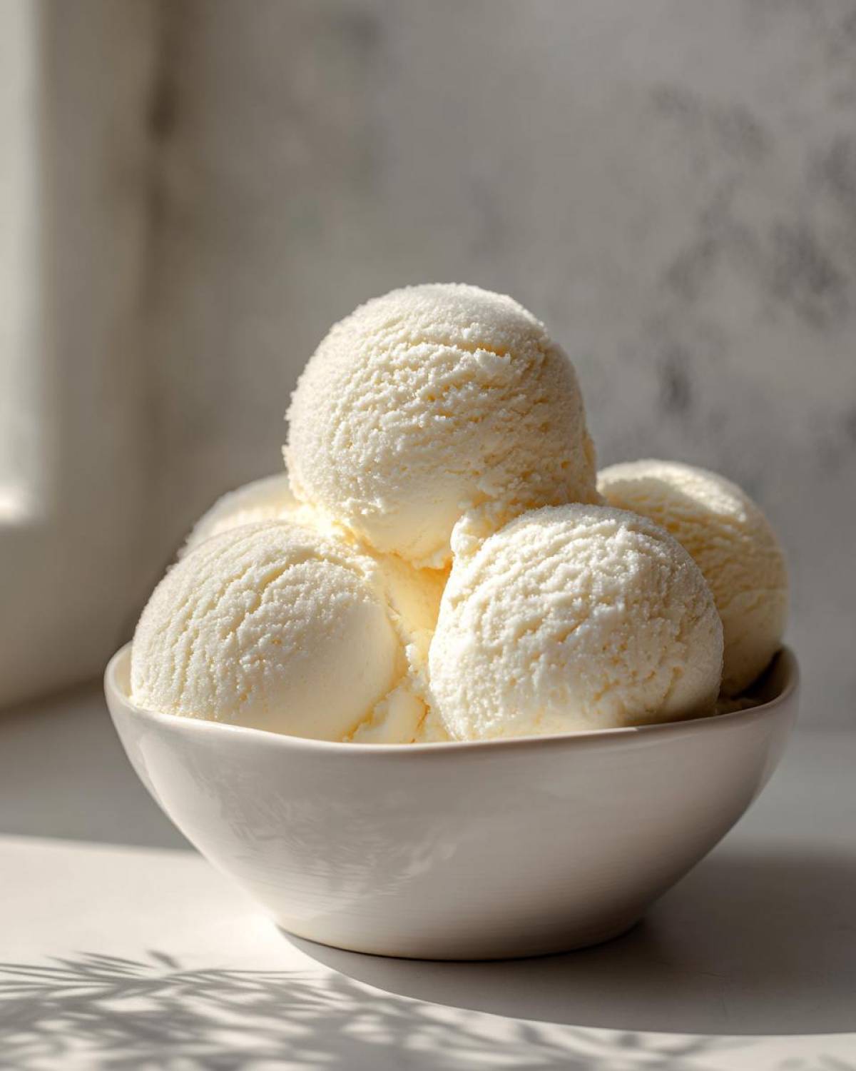Several scoops of creamy white protein ice cream piled high in a simple white bowl.